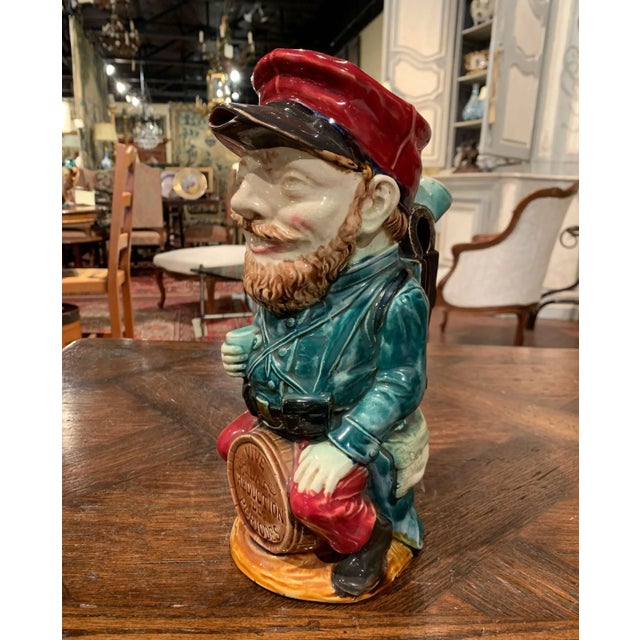 19th Century French Onnaing Hand-Painted Barbotine Soldier Pitcher For Sale In Dallas - Image 6 of 13