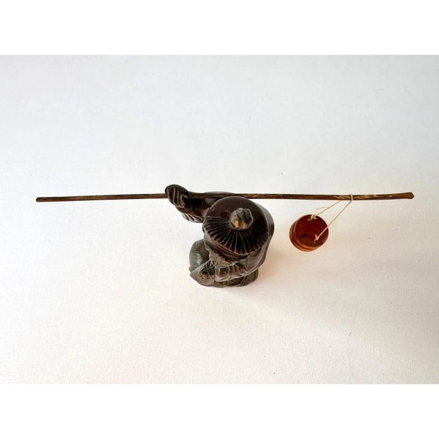 Wood Title: Vintage Hand Carved Wood Fisherman Figure With Shoulder Pole For Sale - Image 7 of 8