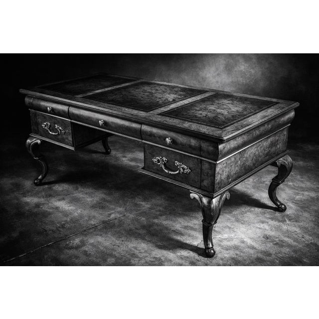 Late 20th Century Late 20th Century Queen Anne Style Burl Wood Executive Desk With Tooled Leather Writing Surface For Sale - Image 5 of 9