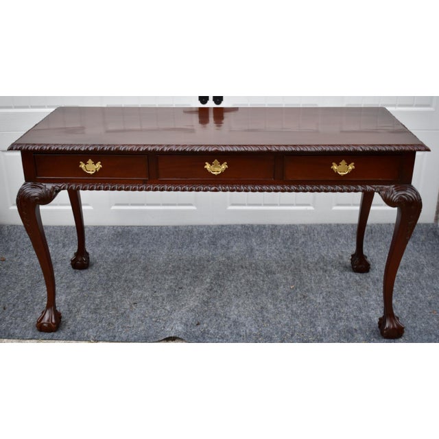 Chippendale Mahogany Writing Console Table Vintage 3 Drawer Ball Claw Foot Sofa For Sale - Image 14 of 15
