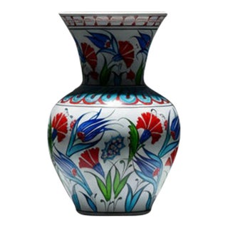 Handmade Ceramic Vase (20cm) – Turquoise Collar & Red Carnations – Classic Iznik Decor For Sale