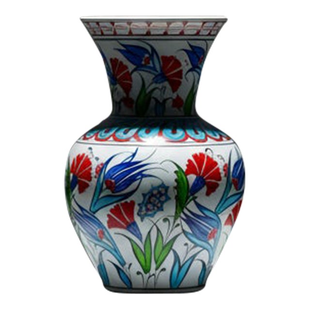 Handmade Ceramic Vase (20cm) – Turquoise Collar & Red Carnations – Classic Iznik Decor For Sale