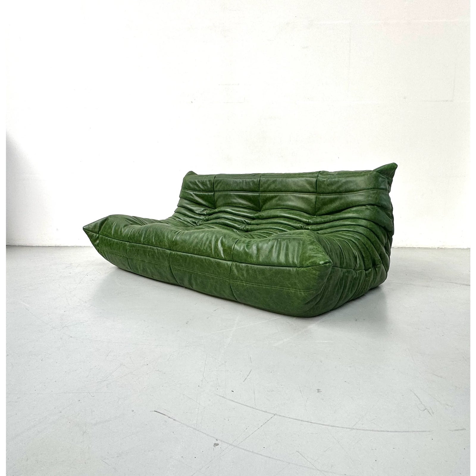 French Togo 3-Seater Sofa in Forest Green Leather attributed to Michel Ducaroy for Ligne Roset