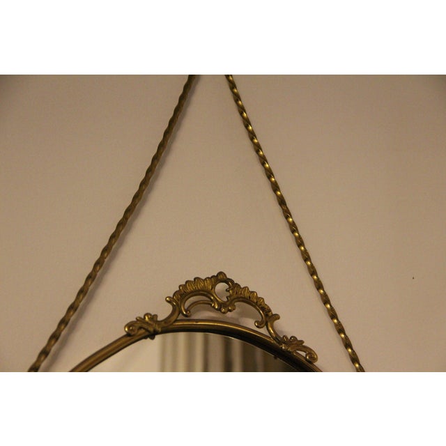Oval Brass Wall Mirror with Neoclassical Decoration and Brass Chain, 1950s For Sale - Image 9 of 17