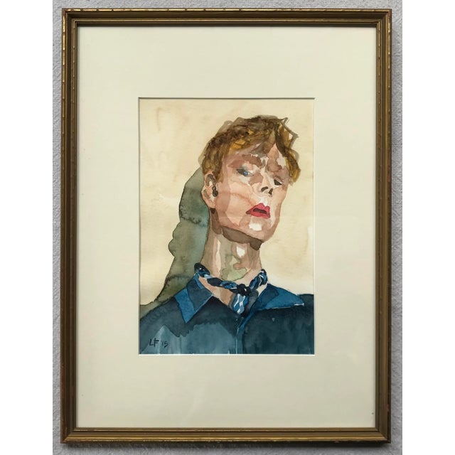Modern Expressionist Portrait Original Watercolor Painting in Vintage Giltwood Frame For Sale - Image 11 of 11