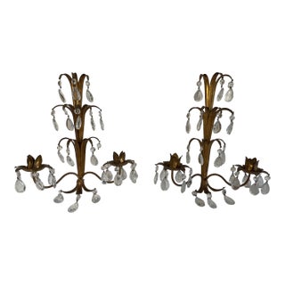 Mid 20th Century Italian Gilded Tole and Crystals Candle Sconces - A Pair For Sale
