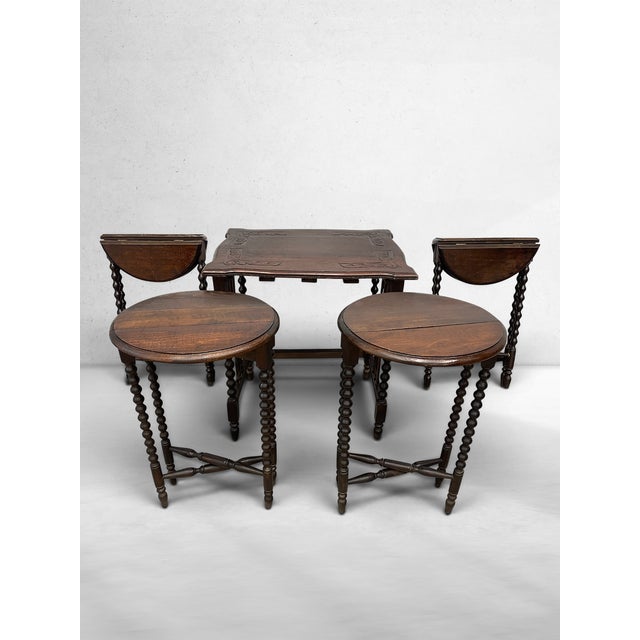 Brown Antique Jacobean Revival Bobbin Nesting Table Suite With Four Folding Side Tables For Sale - Image 8 of 11