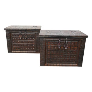 Rare Large Pair of Antique Anglo Carved Wood and Iron Trunks, Chests For Sale