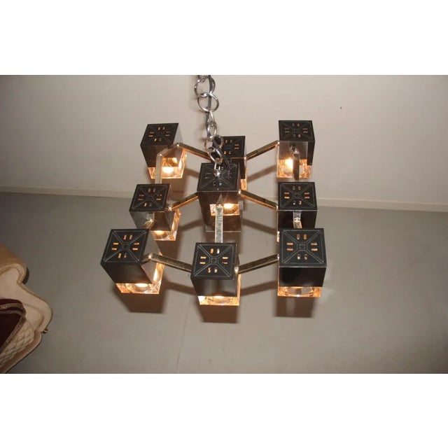 Metal Italian Brass, Glass & Chromed Metal Cubic Chandelier by Gaetano Sciolari, 1970s For Sale - Image 7 of 14