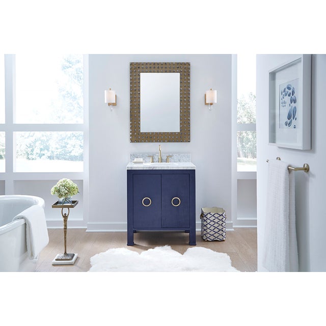 Wood Matthew Izzo Home Blanche Textured Navy Linen Single Porcelain Sink Bath Vanity With Carrara Marble Top and Backsplash and Brass Hardware For Sale - Image 7 of 10
