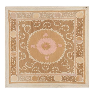 Suzani White Washed Tapestry - Muted Color Uzbek Table Cloth 4'4'' X 4'5'' For Sale