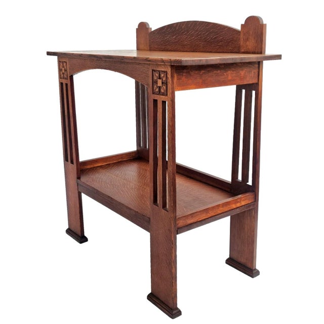 Mission Antique 1900s Arts & Crafts Tiger Oak Console Table Attributed to Liberty & Co. For Sale - Image 3 of 17