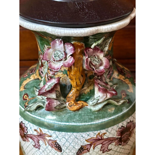 Green Vintage Mottahedeh Style Hand Painted Chinese Porcelain Table Lamp With Three Dimensional Vines and Flowers Handles For Sale - Image 8 of 12