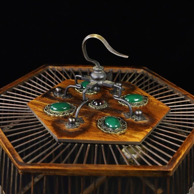Vintage Chinese Huali Rosewood Hexagonal Bird Cage With Gemstone Inlays and Bronze Hook For Sale - Image 4 of 9