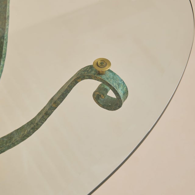 Verdigris Vintage French Iron + Bronze Oval Glass Coffee Table For Sale - Image 8 of 11