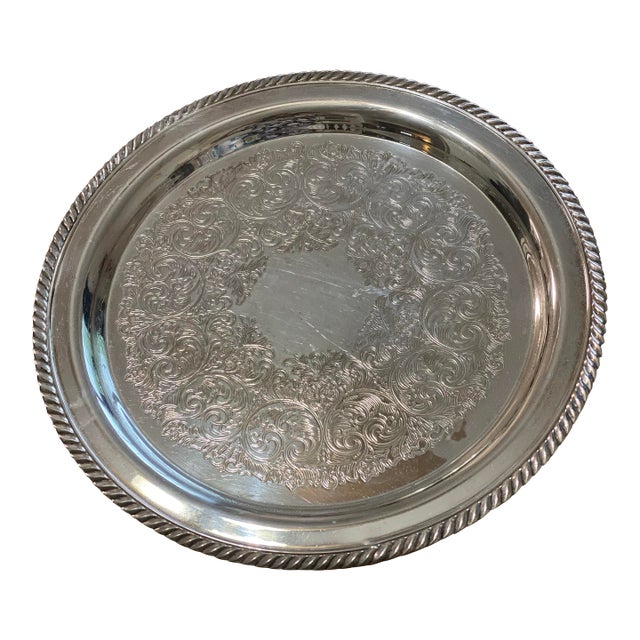 1950s Wm Rogers Round Silver Plated Etched Serving Platter Tray For Sale