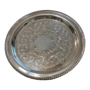 1950s Wm Rogers Round Silver Plated Etched Serving Platter Tray