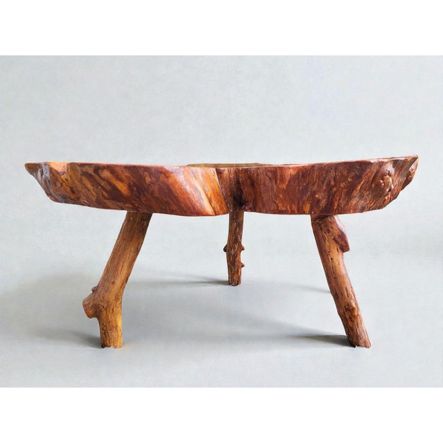 Coffee table made from a centuries-old olive tree stump in a brutalist style, a popular piece from the 1960s. Varnished....