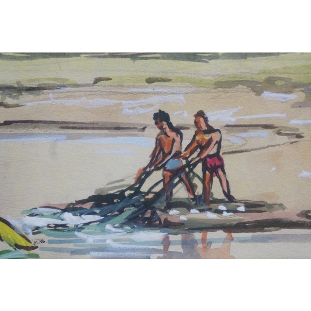 Late 20th Century Talbot Southeast Asian Fishing Village Watercolor on Silk Painting 27" For Sale - Image 9 of 11