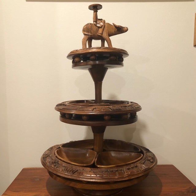 Mid 20th Century Large Teak 3 Tear Wood Lazy Susan With Water Buffalo Ox Philippines Chairish