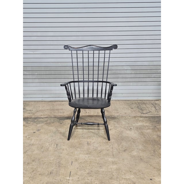 2000 - 2009 Charles Frumerie Black Fan Back Windsor Arm Chair Bench Made For Sale - Image 5 of 10