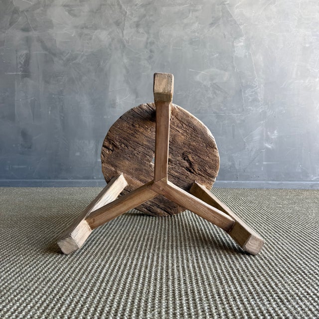 Mid-Century Modern Vintage Elm Wood Wheel Side Table #A53 For Sale - Image 3 of 8