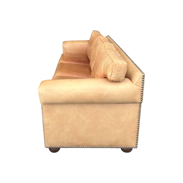 Vintage English Leather Sofa Tan Color Nail Head Trim Feather Down Cushions For Sale - Image 12 of 18