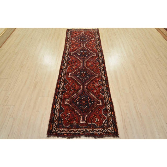 Cabin Shiraz Runner 3’4” X 9’7” Red Wool Vintage Tribal Hand-Knotted Oriental Rug For Sale - Image 3 of 14