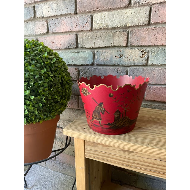 1950s-70s Chinoiserie Red Toleware Cachepot or Jardiniere For Sale - Image 15 of 15