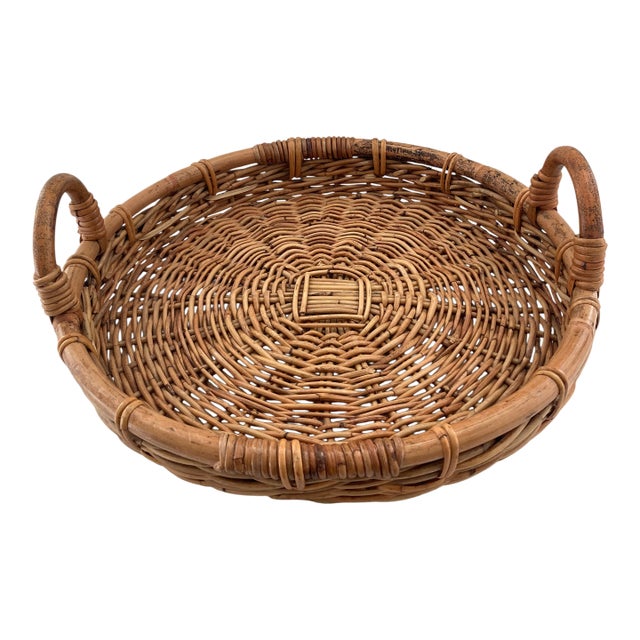 Round Wicker Tray With Bamboo Handles For Sale