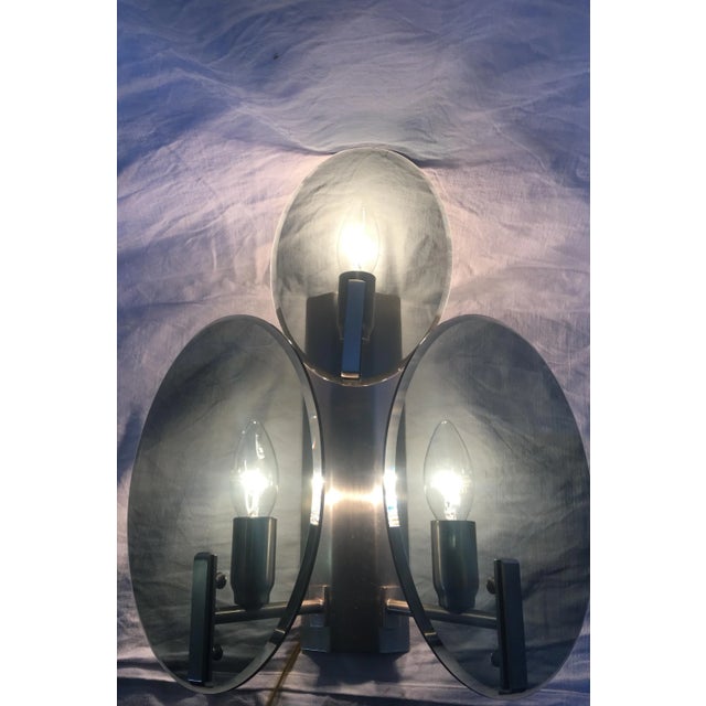 Pair of restored veca wall lights: electrical system rebuilt, cleaned with special pastes. Metal frame and glass in...