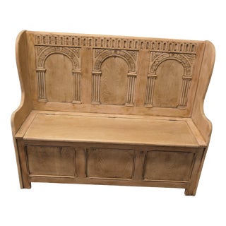 High Back Oak Settle with Carved Back Panels, 1920 For Sale