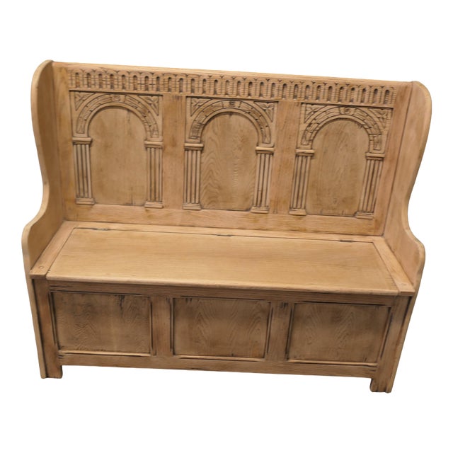 High Back Oak Settle with Carved Back Panels, 1920 For Sale