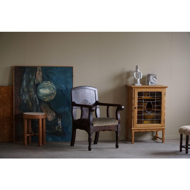 Hand Carved Armchair in Oak & Velvet, 1939 For Sale - Image 4 of 18