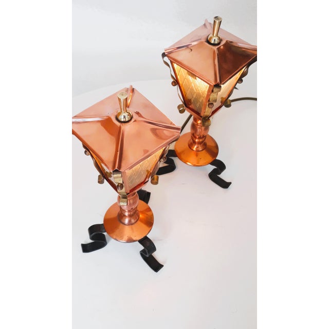 Metal Vintage Copper Lantern Bedside Table Lamps, 1950s, Set of 2 For Sale - Image 7 of 14