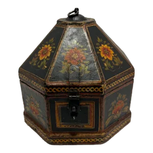 Early 1900s Antique Indian Mughal Hand Painted Octagon Marriage Trinket Jewelry Box