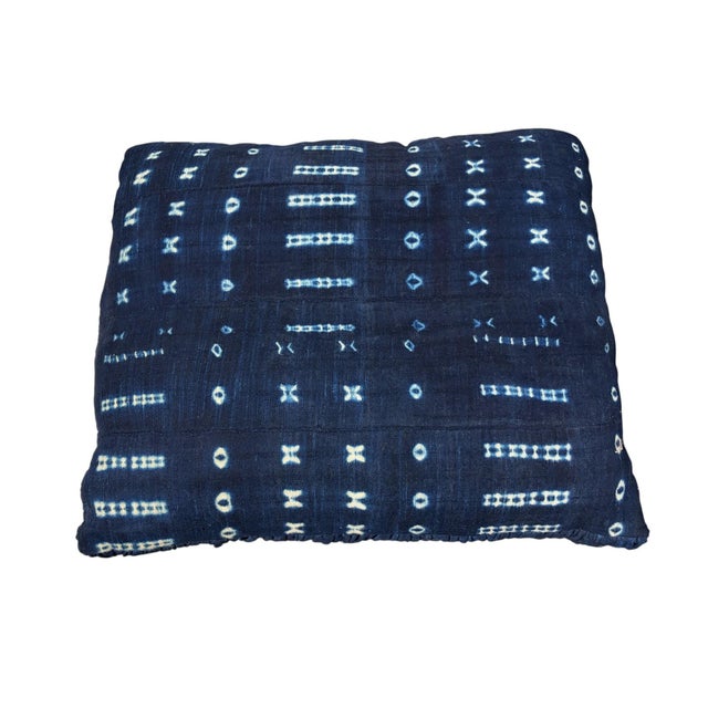 Authentic vintage indigo floor pillow featuring a unused clean sky blue and white geometric design, handcrafted from West...