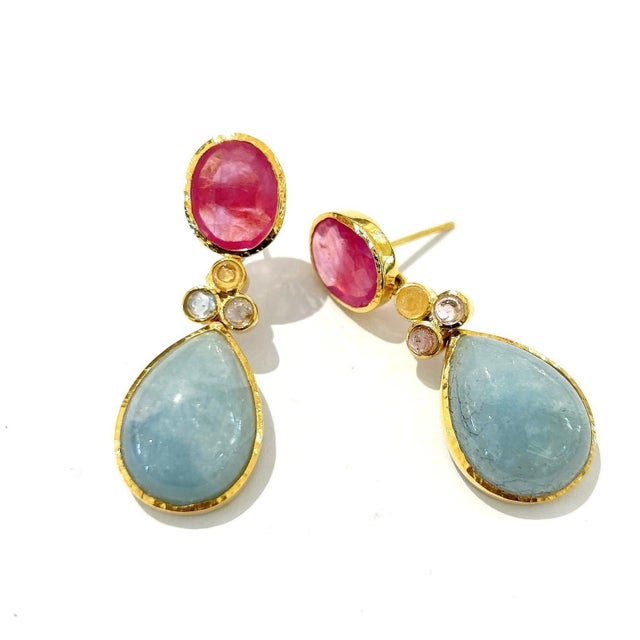 Bochic "Orient" Multi Sapphire, Aquamarine & Ruby Earrings Set 18K Gold&Silver For Sale - Image 16 of 18