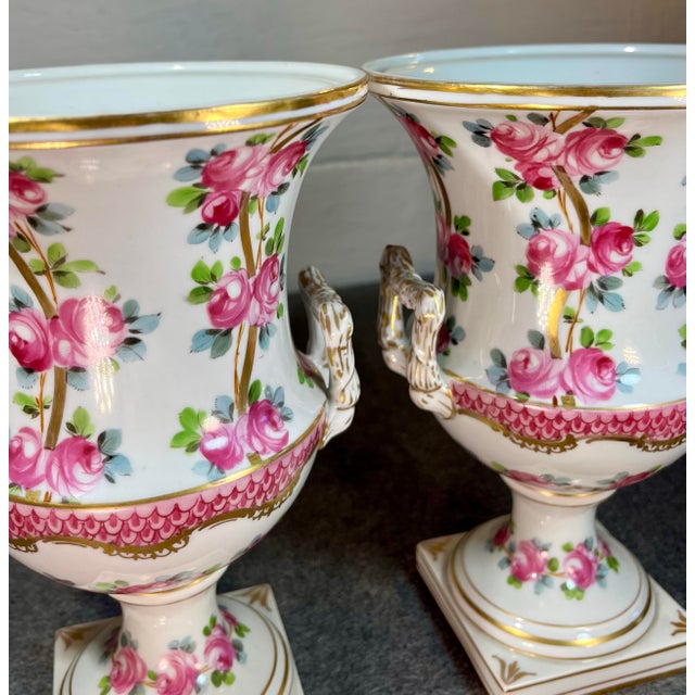 Dresden Porcelain Antique Pair of Dresden Rose Porcelain Urns For Sale - Image 4 of 11