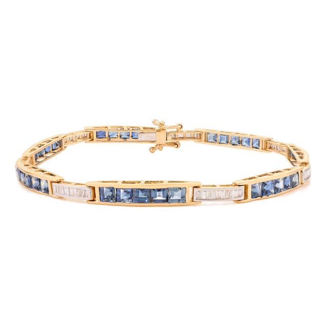 Classic 14k Gold Square Cut 6.44 Ct Blue Sapphire & Diamond Tennis Bracelet for Mom For Sale