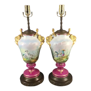 Pair Late 19th Century Antique French Porcelain Old Paris Hand Painted Gilded Scenic Dolphin Handle Lamps