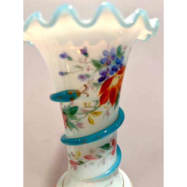 Mid 18th Century Antique White Opaline Vases With Fruit, Flowers, and Glass Applied Snakes - A Pair For Sale - Image 5 of 11