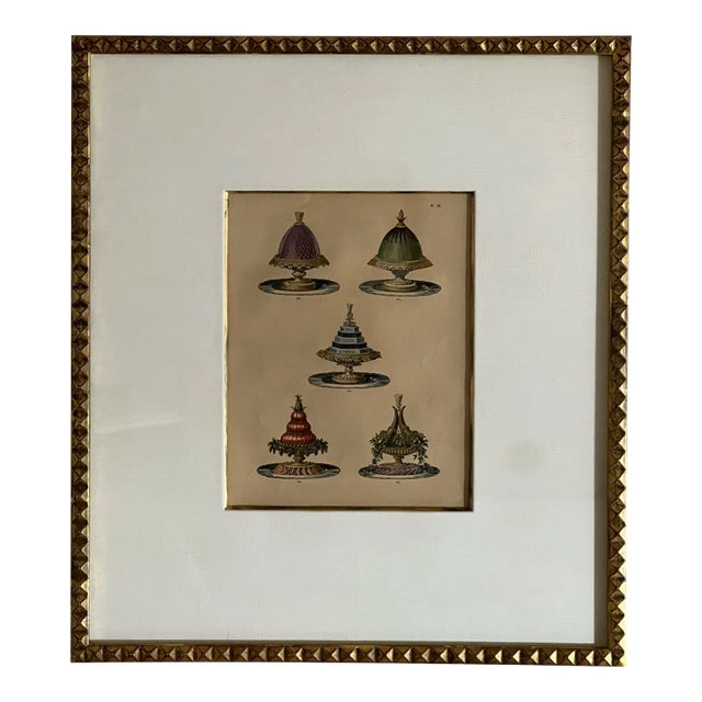 Vintage 19th Century, Gilt Framed Color Urbain Dubois Engraving of Five Elaborate Dishes From La Cuisine Classique, Under Glass For Sale