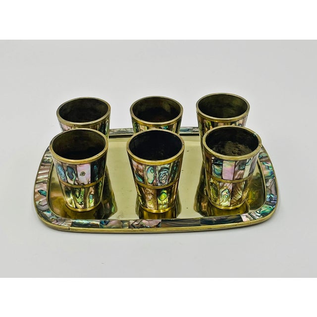 Mid-Century Modern 1950s Mid-Century Mexican Brass and Abalone Shell Shot Glass Set With Serving Tray For Sale - Image 3 of 18