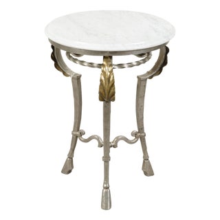 Italian Midcentury Steel Side Table with Circular White Marble Top and Hoof Feet For Sale