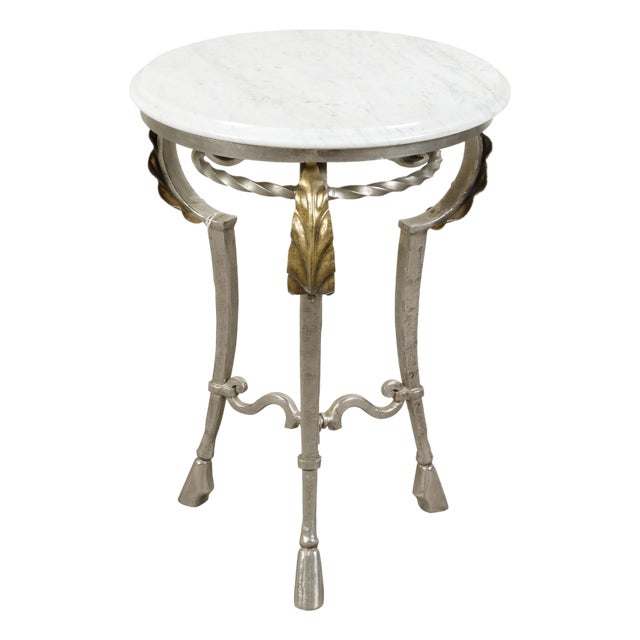 Italian Midcentury Steel Side Table with Circular White Marble Top and Hoof Feet For Sale