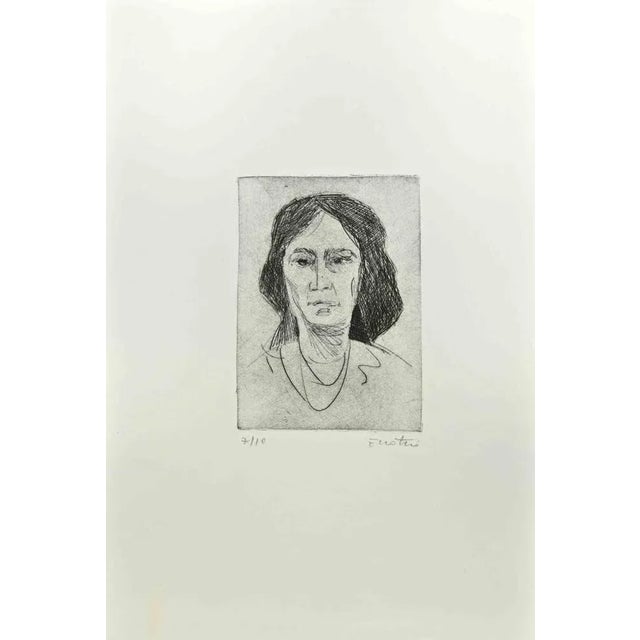 Woman is an Etching realized by Enotrio Pugliese in 1963. Limited edition of 10 copies numbered and signed by the artist....