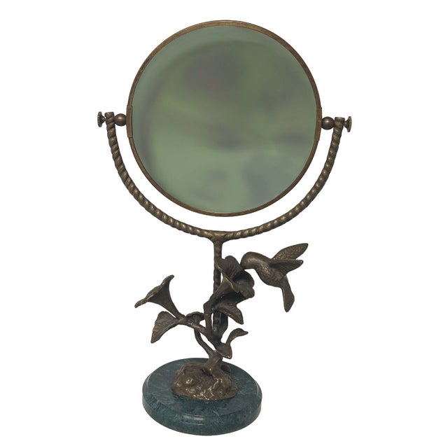Brass and Marble Hummingbird & Flower Tabletop Vanity Mirror For Sale - Image 9 of 12