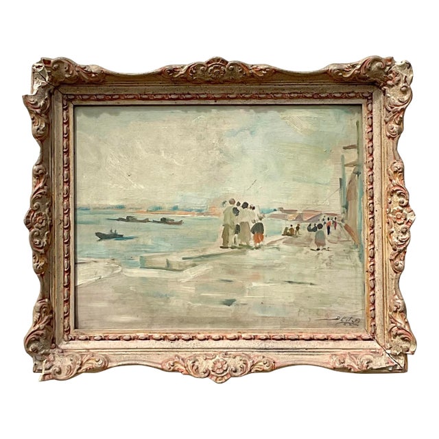 Vintage Regency Original Figurative Seascape Oil Painting on Board For Sale