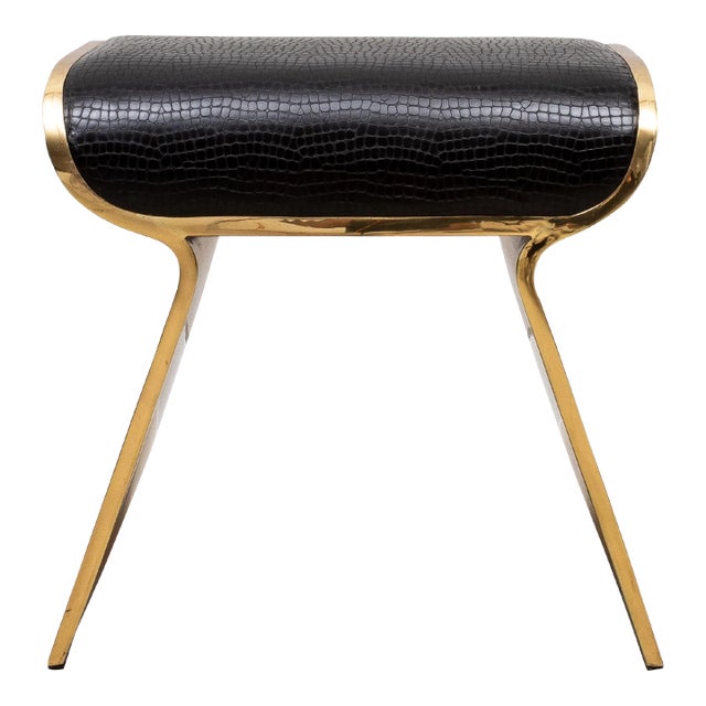 Leather Upholstered Stool With Polished Brass Legs by Kifu Paris For Sale
